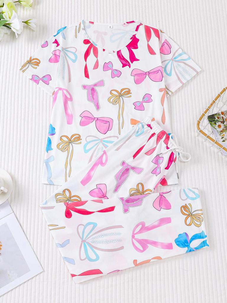 Women's Butterfly Print Pajama Set - Short Sleeve Top & Long Pants