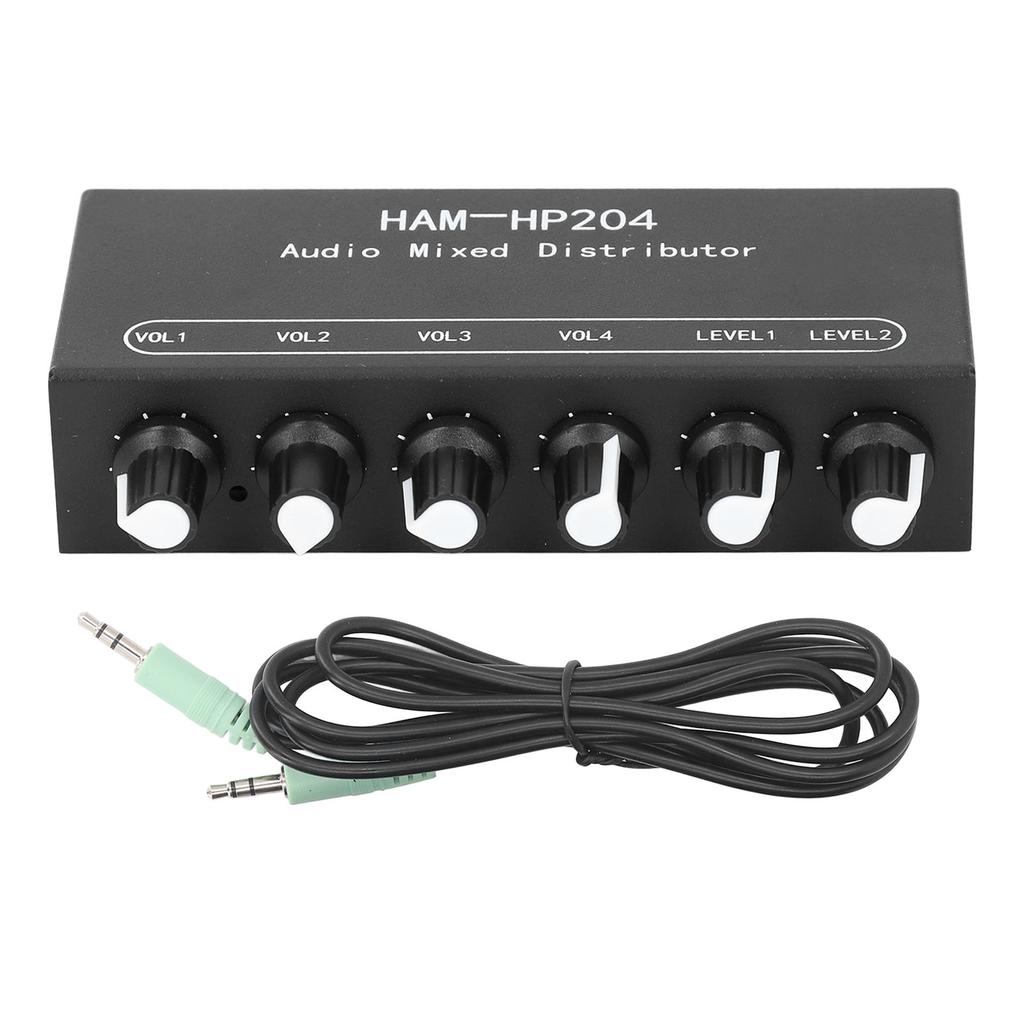 Stereo Mixer Distributor 2 In 4 Out Independent Control 5x Amplification for PC Mic Guitar Keyboard DC 5V To 19V
