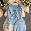 Spring Autumn Women Elegant Knitted Sweater Office Two Piece Set V-neck 3D Flower Pullover Tops and Long Maxi Sheath Skirt Outfits