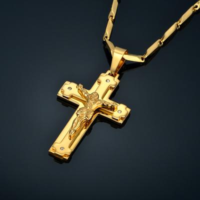 Pendentif Croix de Jésus-Christ Religieux Grand Couleur Or Acier Inoxydable Collier Crucifix Chrétien pour Hommes Bijoux Cadeau Masculin 2025