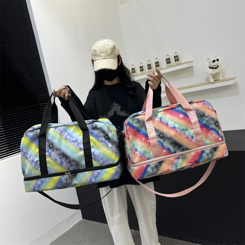 Large capacity portable striped fitness bag can be set with trolley case, women's business trip travel bag, portable luggage storage bag