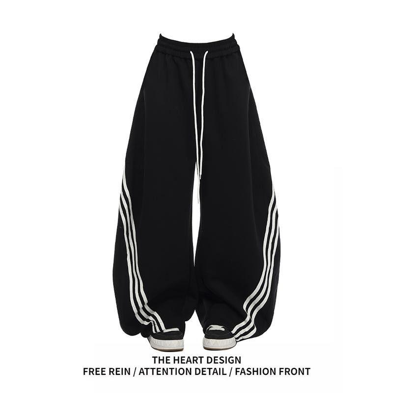 

American Retro Three Bars Stripes Contrast Color Wide Leg Machete Pants for Women 2025 Spring Stylish Loose Track Sweatpants Black L