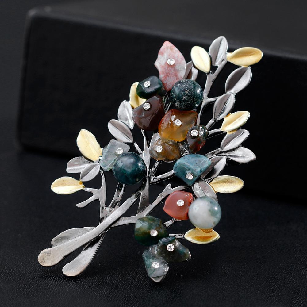 Fashion Creative Tree Shaped Natural Colored Stone Brooch Simple Elegant Alloy Breastpin
