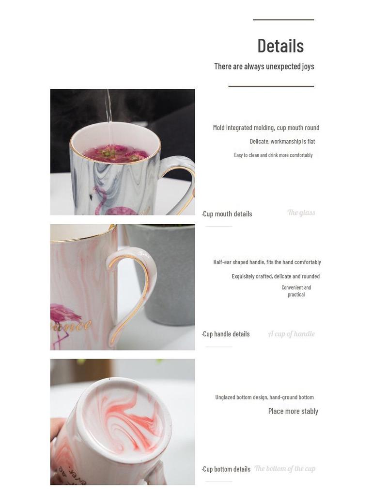 Elegant Marble Pattern Mug with Gold Trim, Spoon Lid, and Custom Logo - Ideal for Coffee or as a Souvenir Gift.