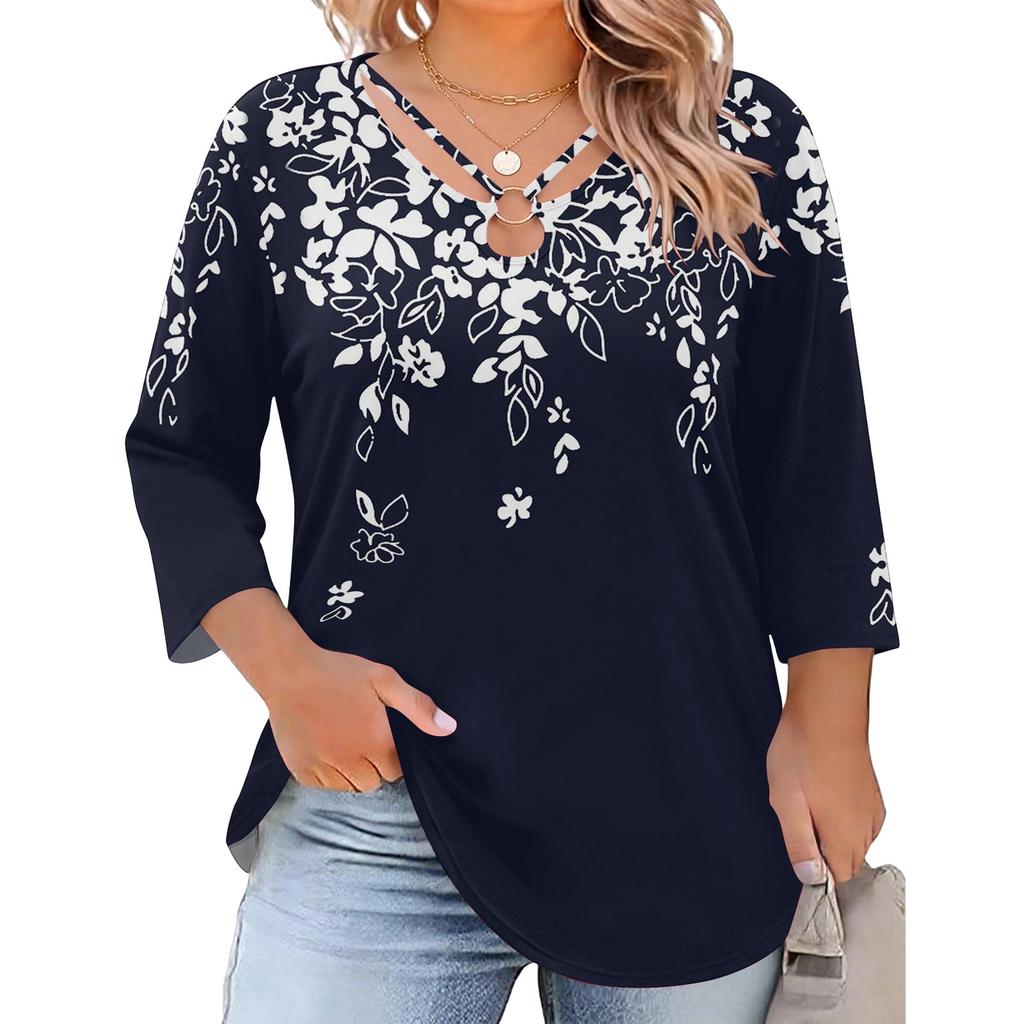 Women's Plus Size Floral Print 3/4 Sleeve Casual Top, Fashionable Loose Fit Blouse for Everyday Wear and ,