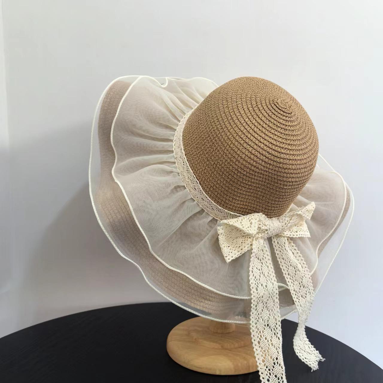 

Летняя шляпа от солнца для путешествий, соломенная шляпа с волнистым краем, сказочный темперамент, модная кружевная сетка, пляжная шляпа от солнца для отдыха M（56-58cm） хаки