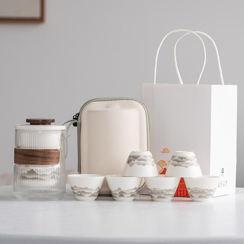 Suet Jade White Porcelain Guochao Ink and Wash Travel Tea Set, a Pot of Four or Six Cups, New Chinese Express Cup Light Luxury Business Gifts
