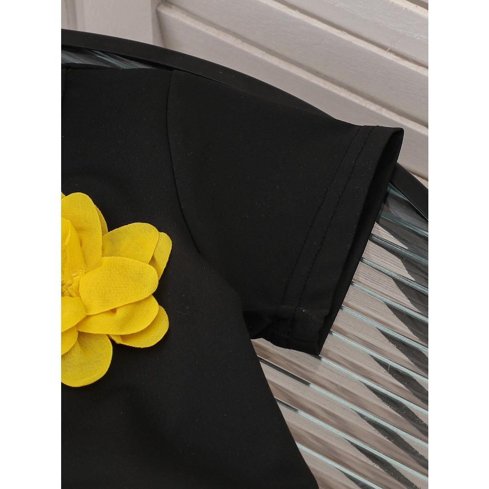 Children's Clothing 2-7Y Girls Skirt Suit Pink Flower Black T-shirt + Pink Pleated Skirt Set Cute Skirt Cotton Short Sleeve