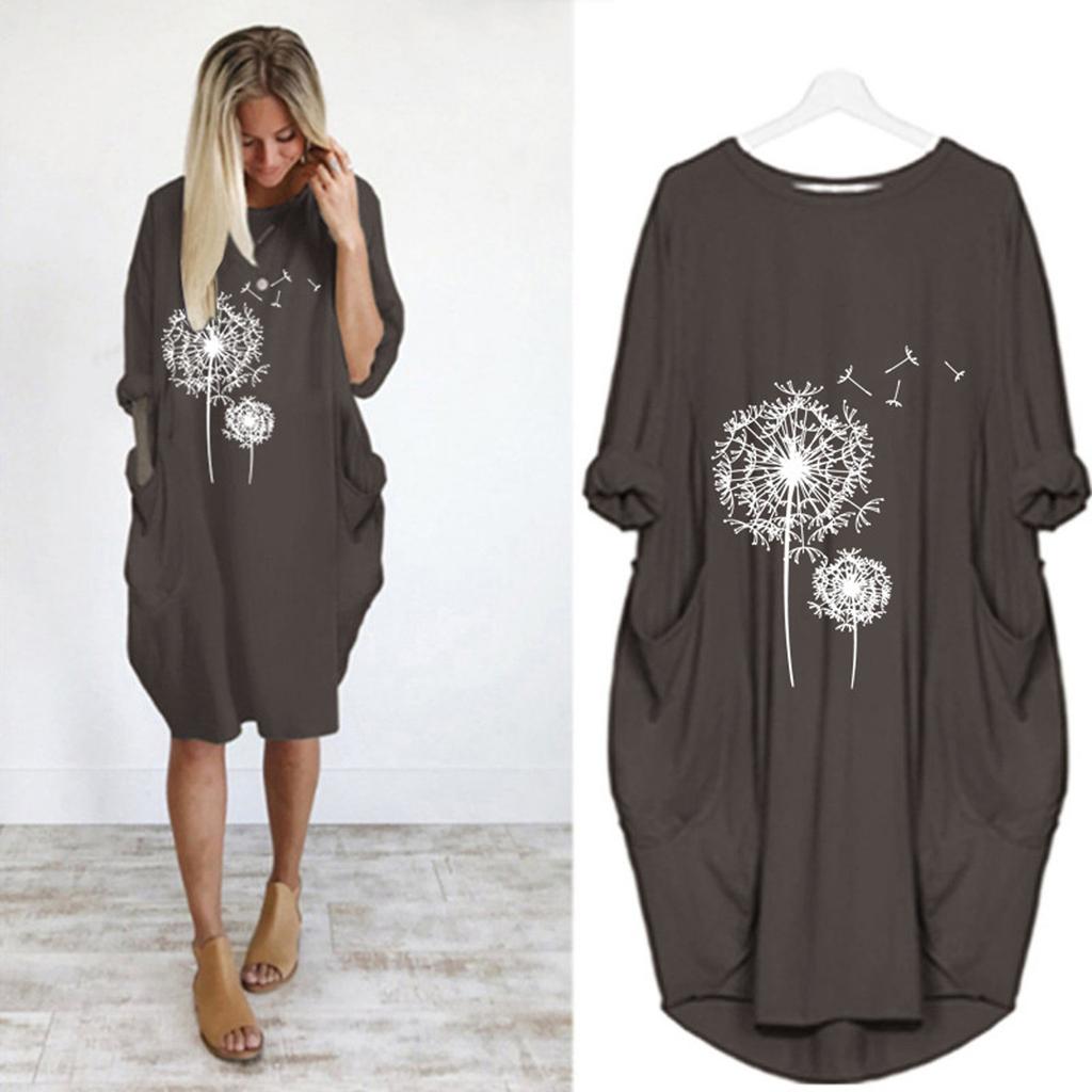 Women's Casual Loose Fit Pullover Dress with Round Neck and Pockets Featuring Printed Floral Design Comfortable Everyday Wear