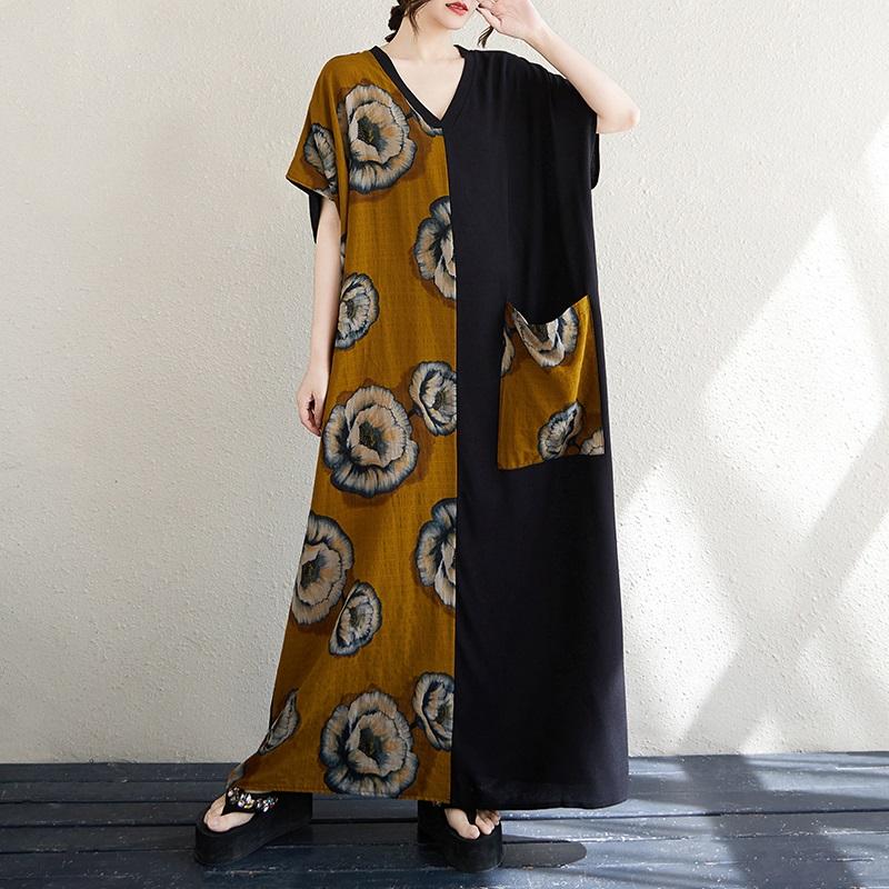 Short Sleeve Plus Size Cotton Vintage Floral New In Dresses for Women Casual Loose Maxi Long Summer Dress