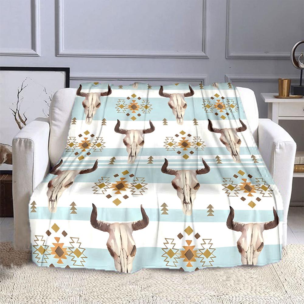 Boho Buffalo Skull and Geometric Pattern Patterned Flannel Blanket Perfect for the Bedroom Living Room, Sofa, or a Little Nap