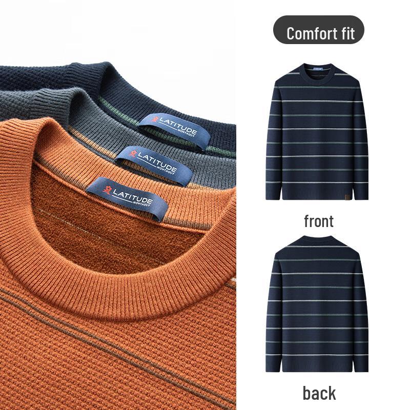 MONTAGUT Men's Fleece Lined Striped Crew Neck Thermal Sweater