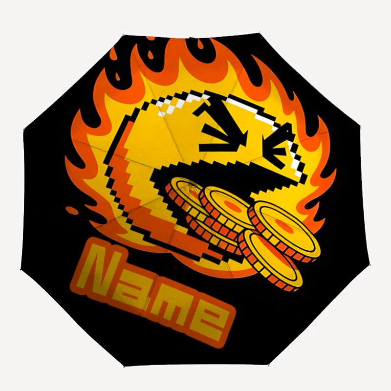 1PC PacMan Flaming Coins - Custom Name Automatic Folding Umbrella - Compact 8-Rib Design, Durable Plastic & Iron, Daily Use S0106012