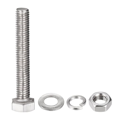uxcell Hex Thread Bolts, Nuts, and Flat Lock Washer Kit, M8 X 50mm, 304 Stainless Steel, Fully Threaded Hex Bolts, Set of 4