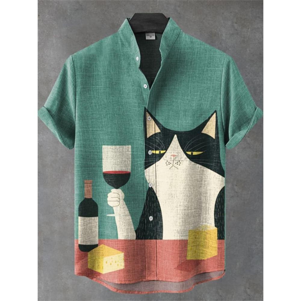 Nuova Maglia Casual da Uomo Nuova Arte Stampa 3D Carino Gatto Alta Qualità Lino Manica Corta Top