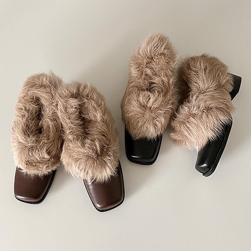 Leather Square-headed Fluffy Shoes with One Pedal, Retro Velvet To Keep Warm, Mary Jane Small Leather Shoes, New Cotton Shoes, Thick Heels, Single S