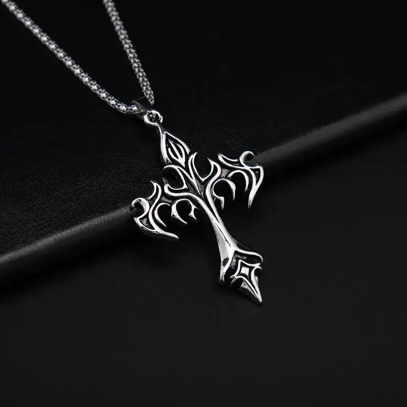Fashion Vintage Flame Cross Pendant Necklace For Women Men Hip Hop Punk Personality Sweater Chain Jewelry Gift