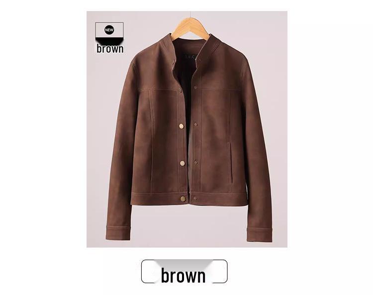 Women's Retro Suede Stand Collar Motorcycle Leather Jacket - Slim Fit, Genuine Leather, 2025 Edition
