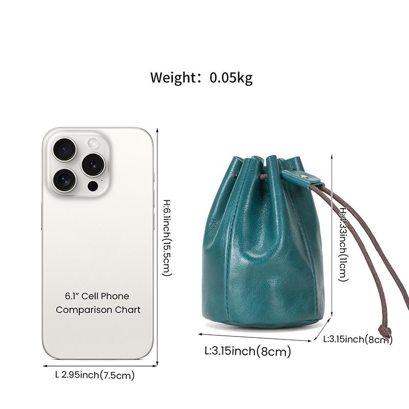 Vintage Leder-Münzbörse - Obernarben-Rindsleder, Kleine Geldbörse, Lippenstift-Aufbewahrung mit Kordelzugverschluss