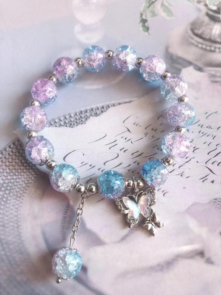 New Women's Mori Style Butterfly Glass Bracelet with Colorful Crackle Beads