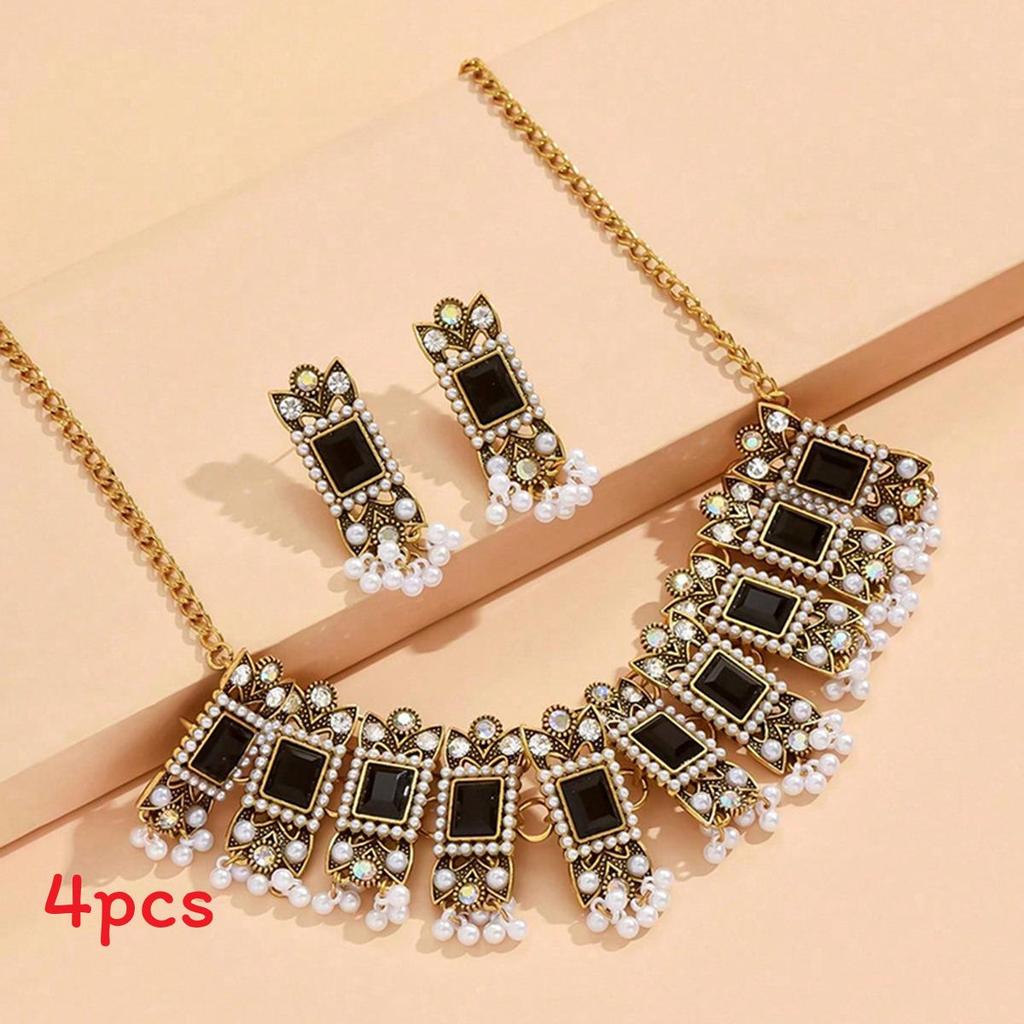 European Style Alloy Gemstone Necklace And Earrings Set With Artificial Pearl Dangles For Women