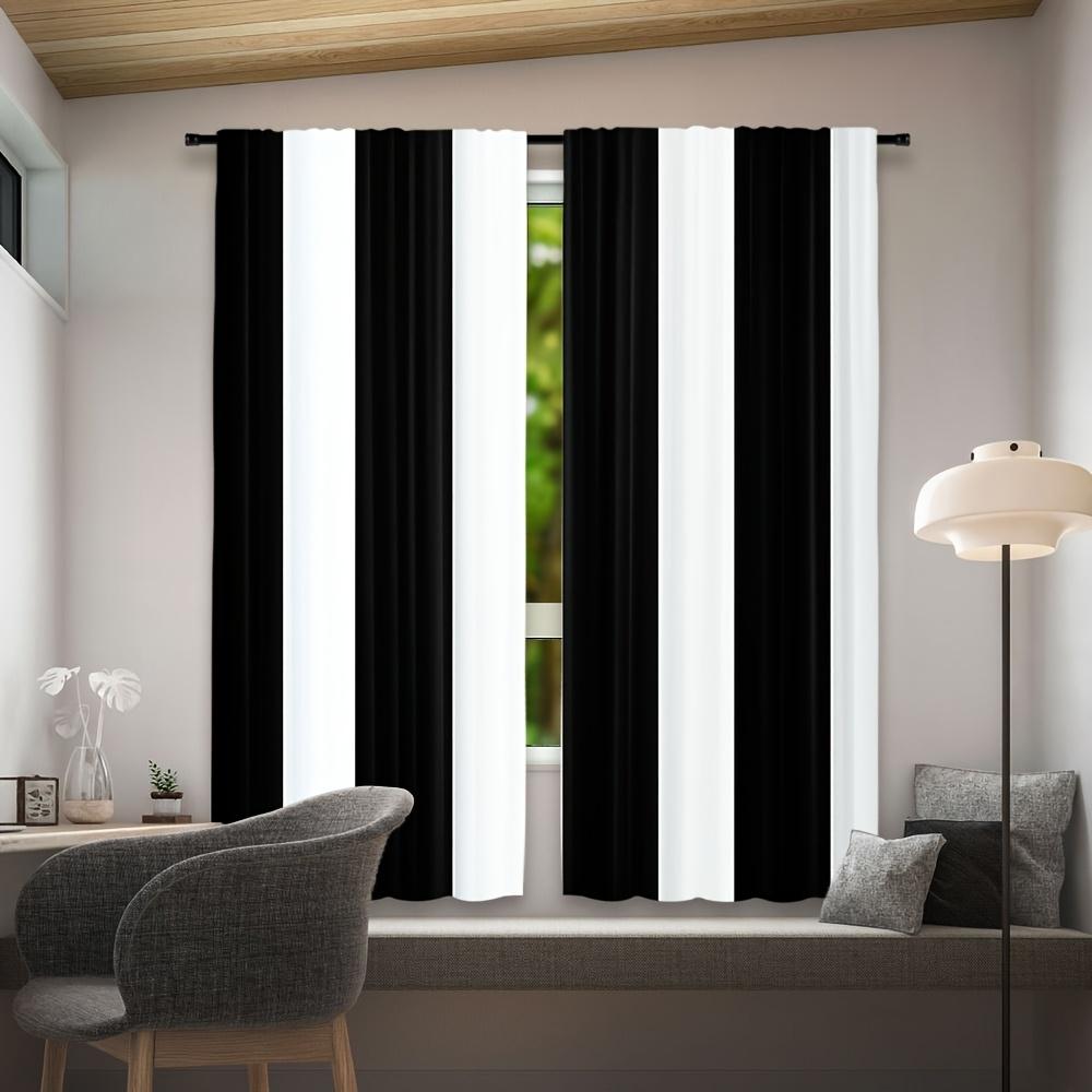 Set Of 2 Polyester Curtains Black White Striped Semi Transparent Rod Modern Light Filtering Made