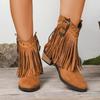 Women's Fashion Boots Pointed Toe Square Heel Rivet Tassel Short Boots Retro National Style Winter Women's Boots with Fur Lining