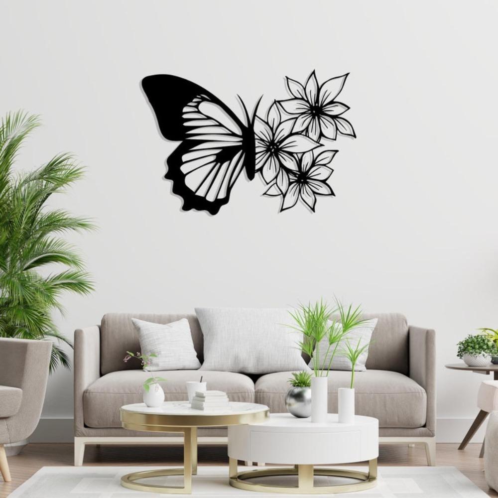 Black Metal Butterfly Flower Wall Art, Textured Steel Decor