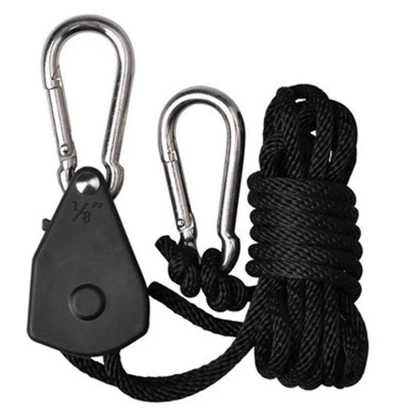 2m Regulowana Lanyard Wisząca na Zewnątrz Kemping Lampa do Uprawy Roślin Lina Hanger Ratchet Prowadnica Koło Pasowe Hak do Podnoszenia