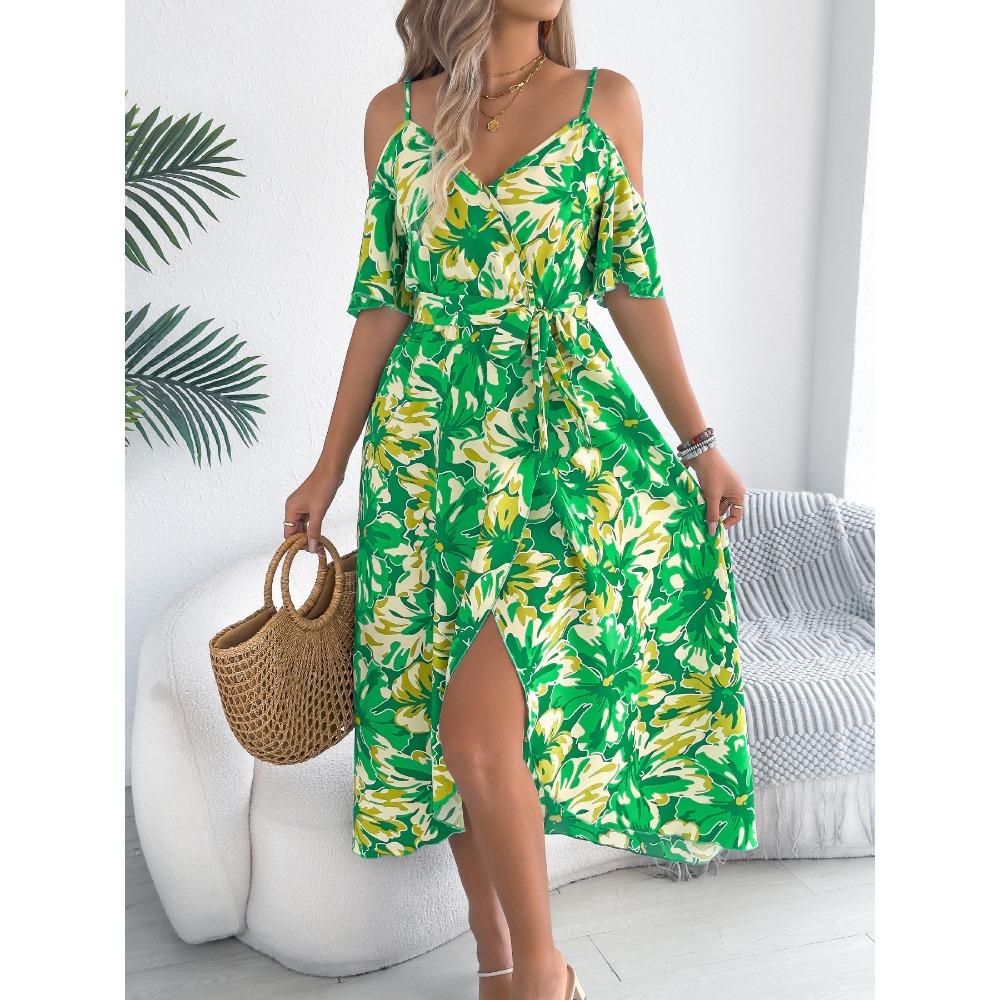 

Женские платья весна-лето без бретелек с V-образным вырезом и цветочным принтом, длинные праздничные платья XL зелёный