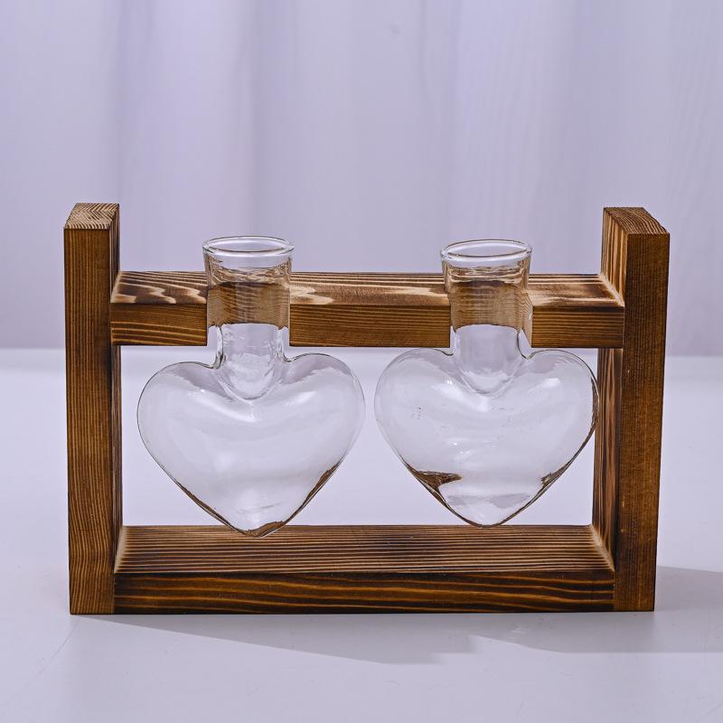 Bonsai Heart Shape Home Decoration Wedding Vase Wooden Frame Glass Vase Hydroponic Plant Vase Vintage Flower Pot Table Desktop