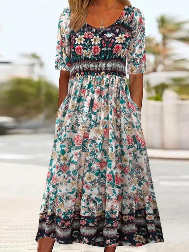 Summer New Women s Round Neck Short Sleeved Long Dress Bohemian Printed Dress for Women S