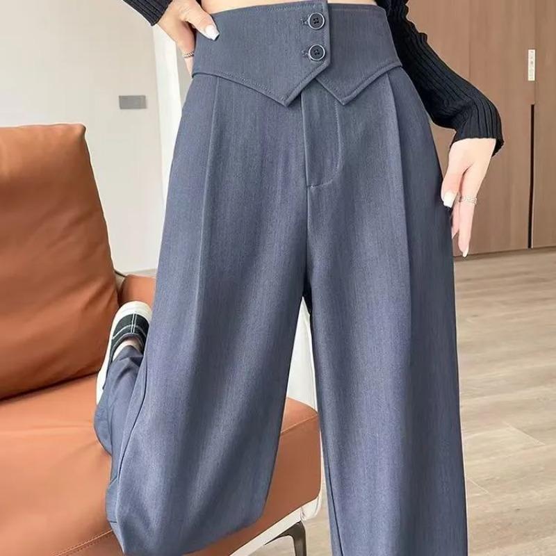 Women High Waist Double Button Wide Leg Suit Pants