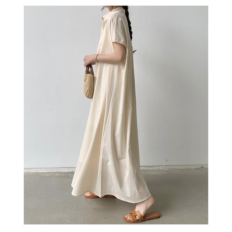 Skirt Short Sleeve Hemp Dress Women Loose Lapel Casual Shirt Dress
