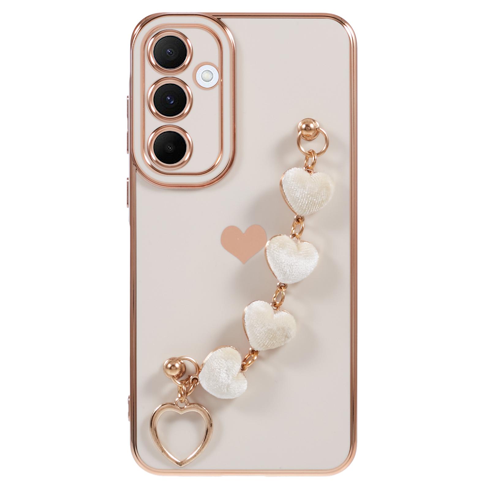 

For Samsung Galaxy A55 5G Case Electroplating TPU Phone Cover Love Heart Pattern with Wrist Chains White