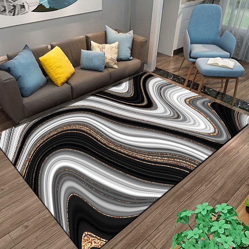 Modern Abstract Wave Design Carpet in Black, White, and Gold Tones Suitable for use as an anti-slip for living room bedroom sofas