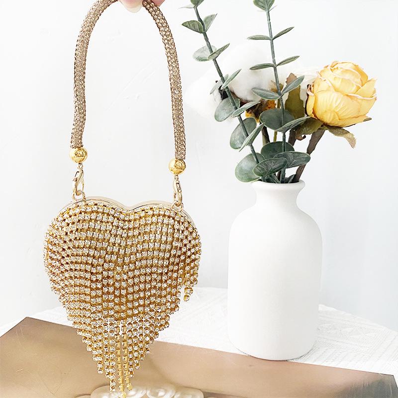 Mini Heart Chain Evening Bag with Diamond-Inlaid Stones