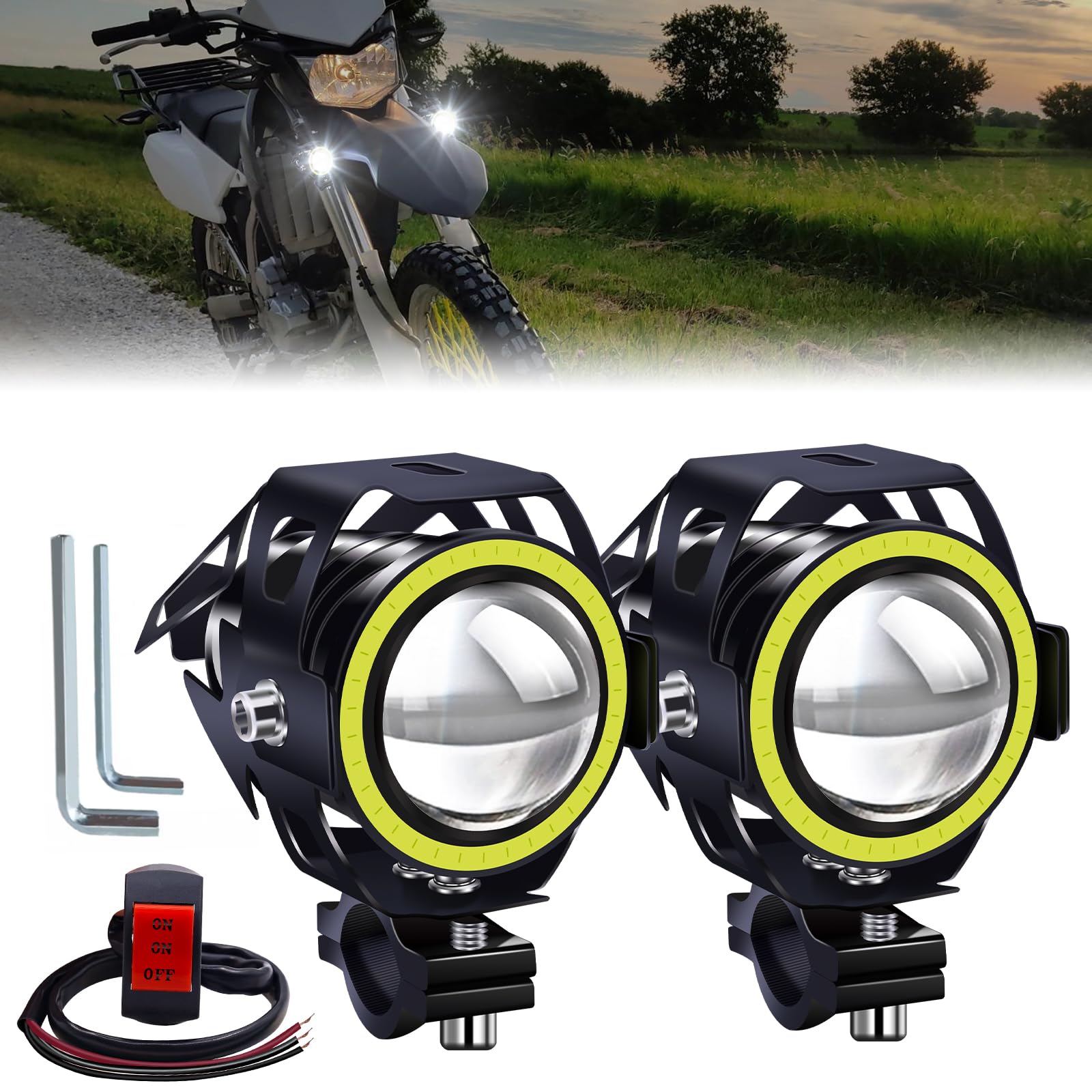 

Ygmylandbb Мотоциклетный светодиодный противотуманный фонарь, кольцо Squid, фара для мотоцикла, рабочее освещение, вспомогательное освещение, прожектор, водонепроницаемый выключатель, шестигранный ключ