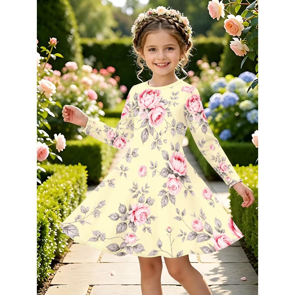 Girls' 3D Rose Floral Dress Long Sleeve Summer Spring Vacation Daily Holiday Princess Beautiful Sweet Kids 4-12 Years Casual Dress A Line Dress