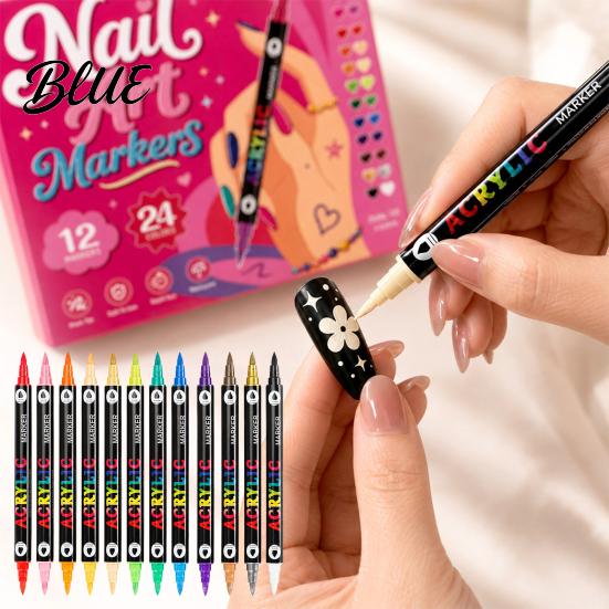 Quick Drying Nail Polish Pens 12Pcs Dual‑Tip Art Markers Set 24 Colors Acrylic Painting Pens Supplies for Salon Dry Waterproof Drawing DIY