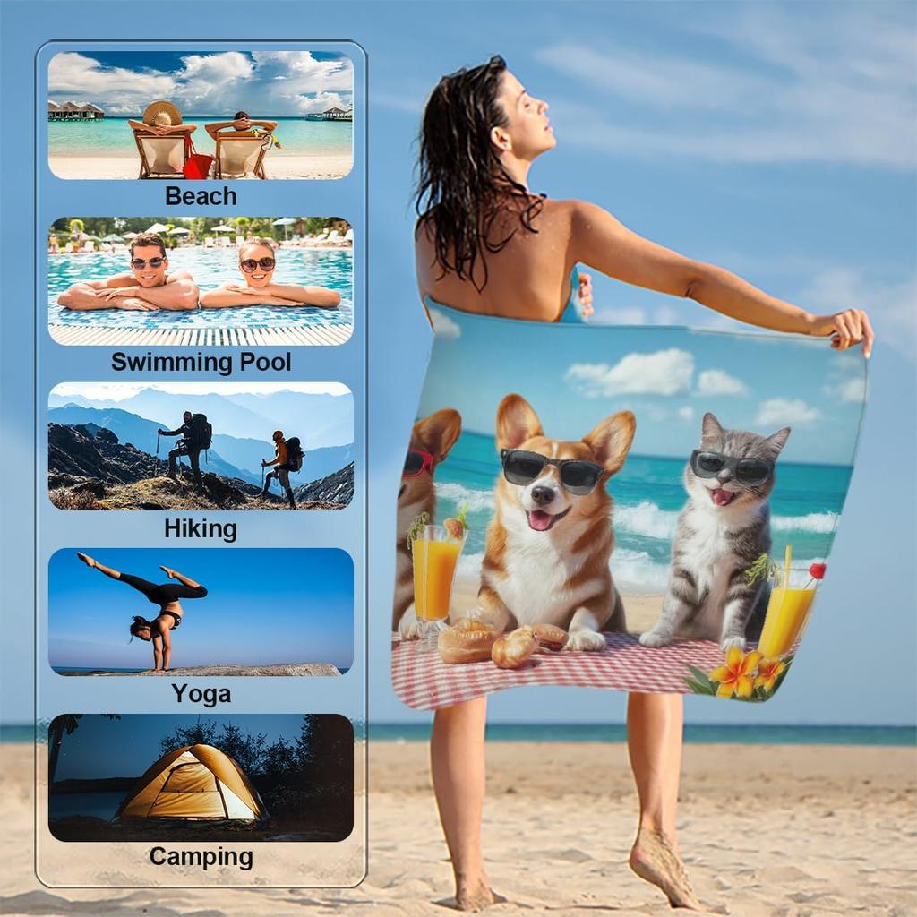 Cats Corgis Dogs Beach Sunglasses Beach Towel, Cute Pets Oversized Quick Dry, Sand Free Lightweight Travel Pool Mat