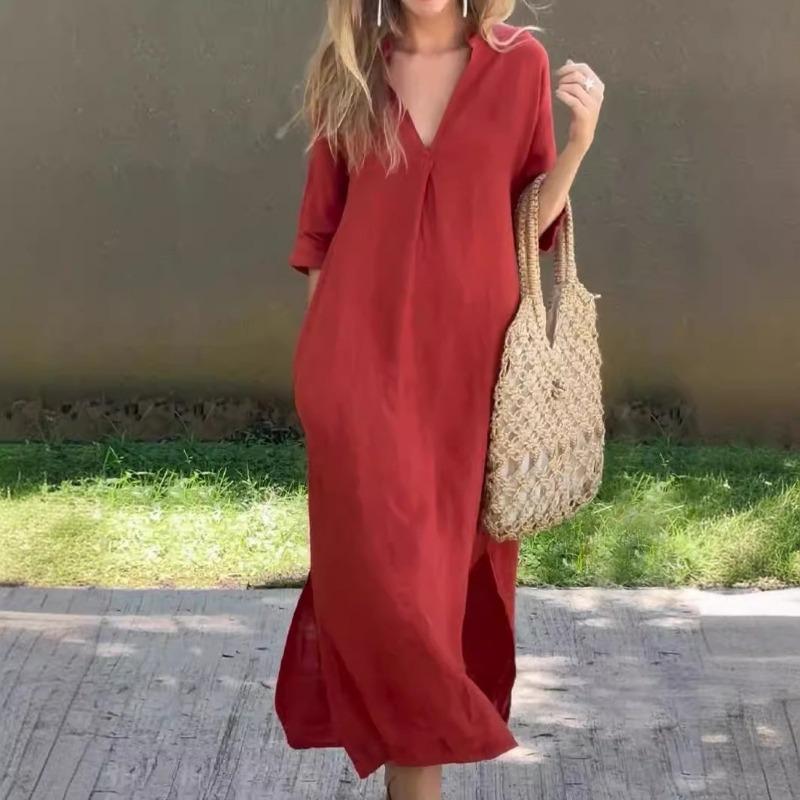 Side slit V-neck 7 cuff chest pleated dresss