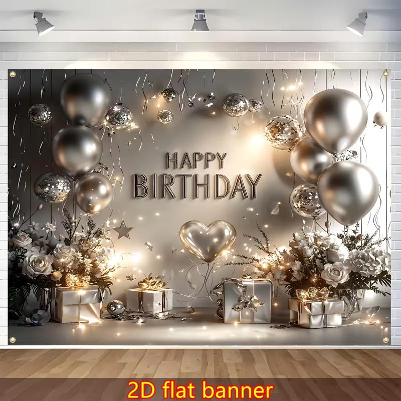 2D Silver Happy Birthday Backdrop, Metallic Balloon Floral Party Photography Background