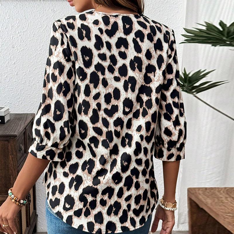 Women's 2025 Autumn New Stitched Lapel Button Fashion Casual Leopard Print Mid-Sleeve Shirt
