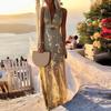 Deep V Neck Sleeveless Waist Tight Flowy Hem Sexy Dress Women Bronzing