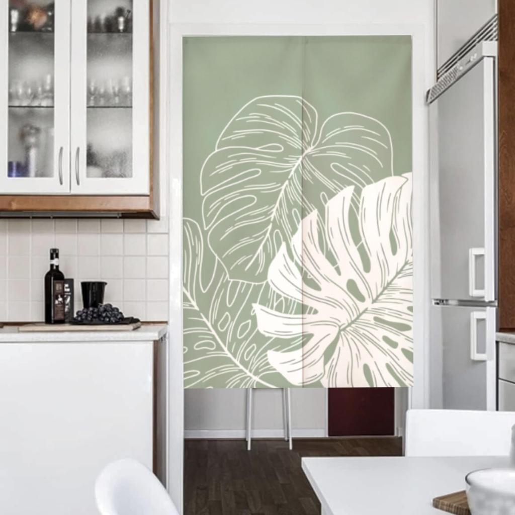 Dicker Noren-Vorhang mit Spannung Botanisches Grünes Blatt Privatsphäre Raum Einfacher Türdurchgang Natürlich Lang, Stange, 150x80cm, Muster, Sichtschutz, Raumteiler, Installation,