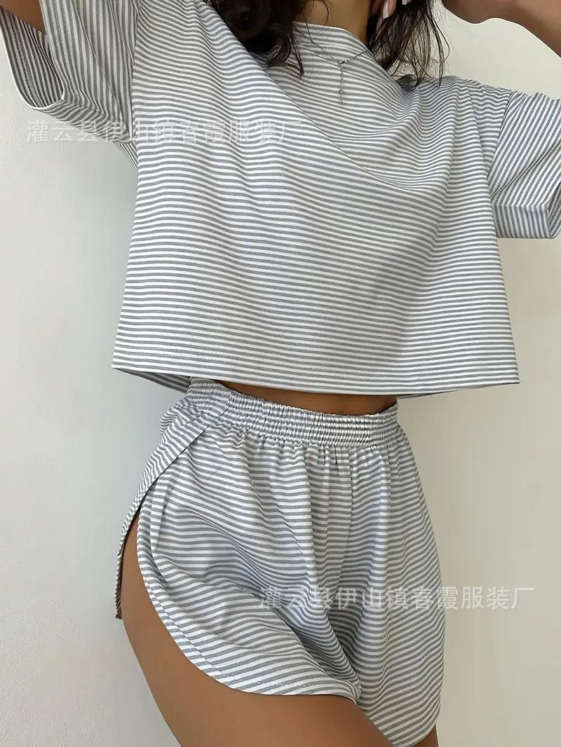 

2026 summer new products are in stock, simple and comfortable, solid color knitted short-sleeved elastic waist shorts, loungewear, two-piece set for S светло-серый