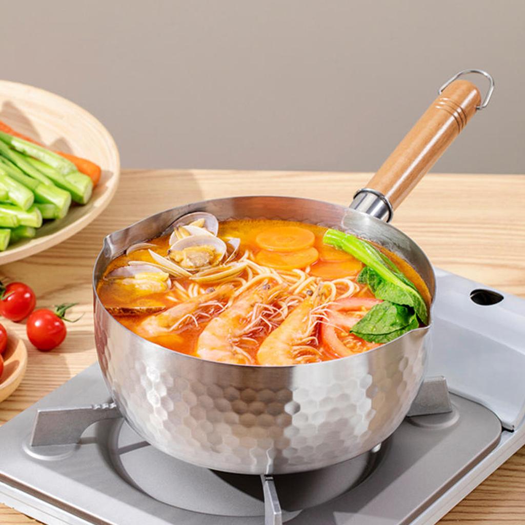 Stainless Steel Snow Flat Pan Japanese Style Wooden Handle Milk Pan Uncoated Household Baby Food Supplement Pot Instant Noodles