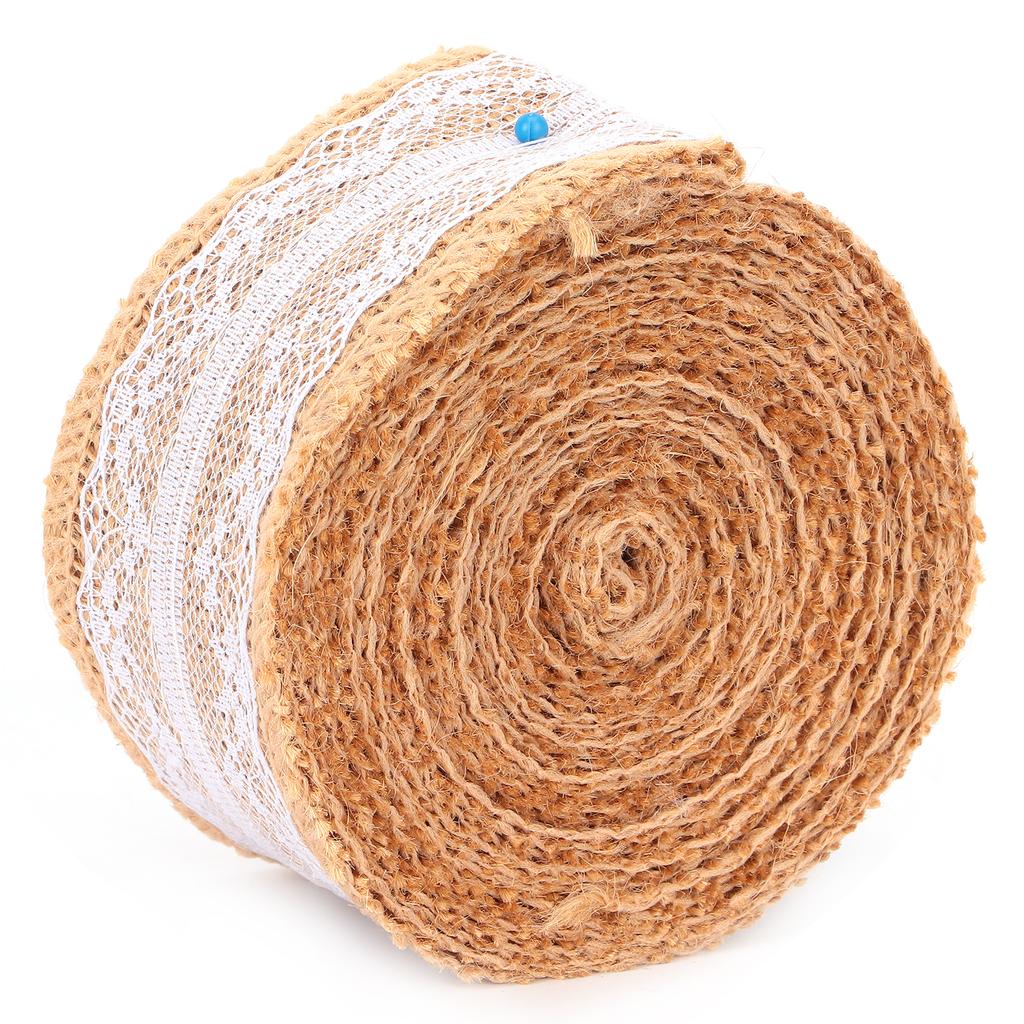 Burlap Ribbon with White Lace Natural Jute Roll for DIY Decoration Gift Packaging 5 Yards5cm Middle Lace