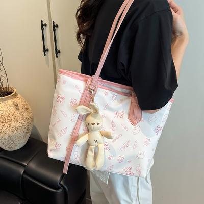 Women's Cute Rabbit Pendant Shoulder Bag PU Tote with Cartoon Print & Zipper for Daily Commute & Shopping Storage Bag